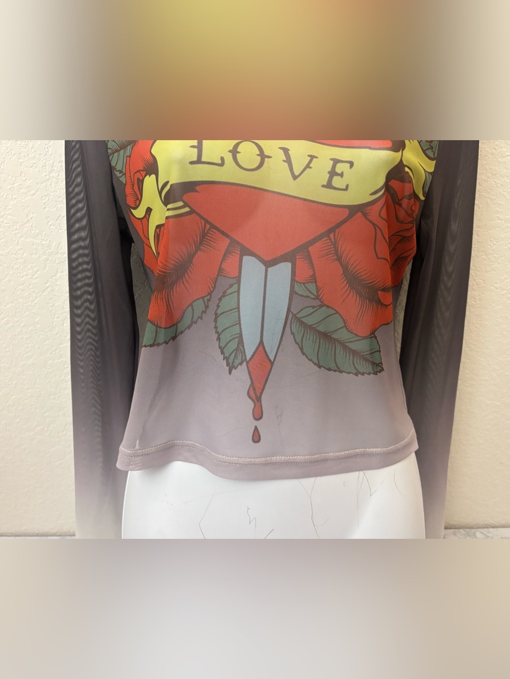 Thirty Single Long Sleeve Semi Sheer Top Women’s L Love Heart Y2K Gray - Picture 3 of 8